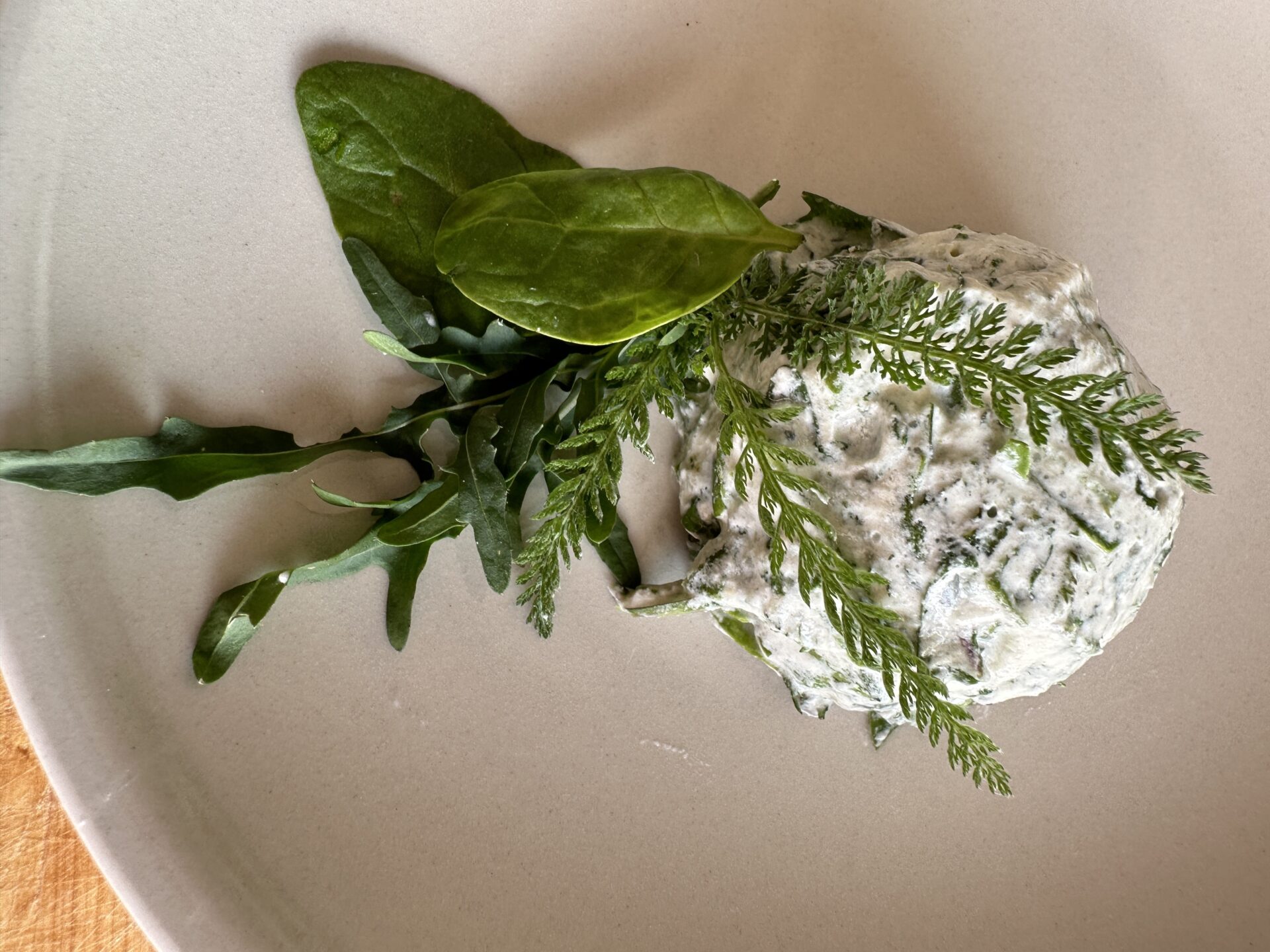 Ryllik, ruccola og spinatmousse med tang som stivelse
